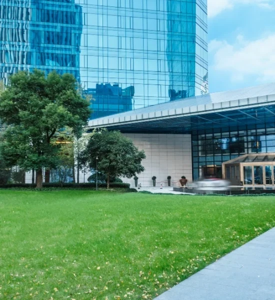 Green lawn in front of a commercial building