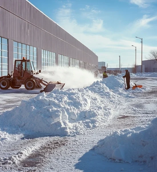 Loader and crew clearing an industrial yard