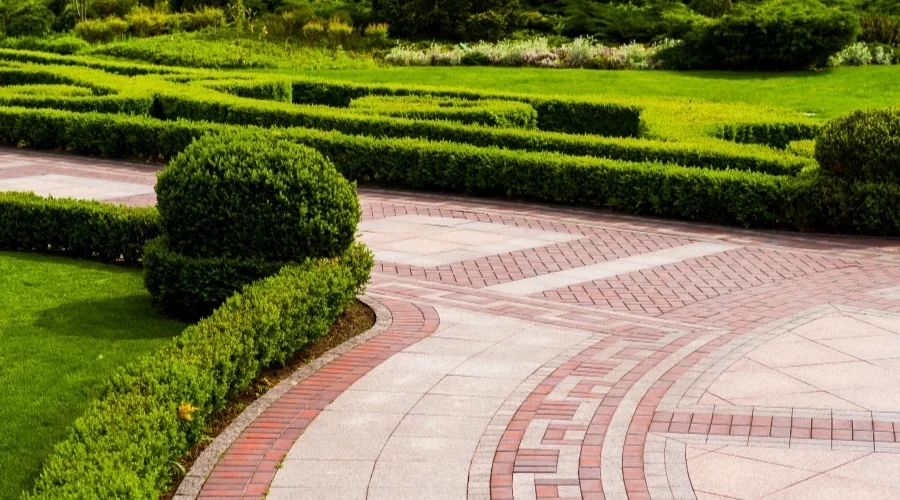 Curved interlocking patio with clipped garden borders