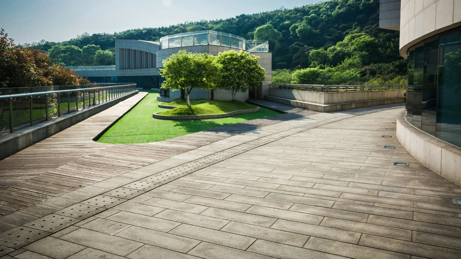 Interlocking terrace beside a building entrance