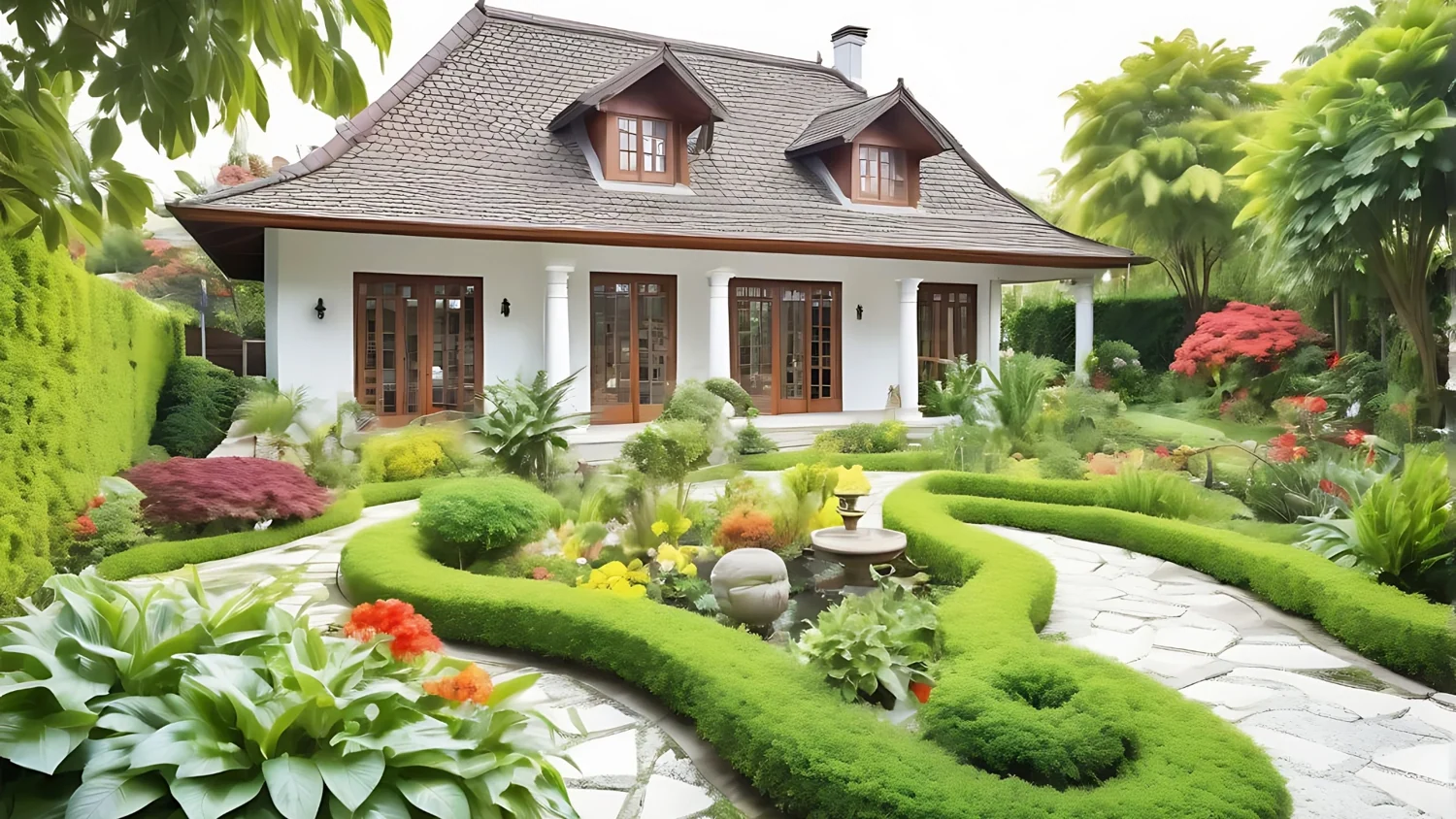 Residential garden with a neat lawn and paved path