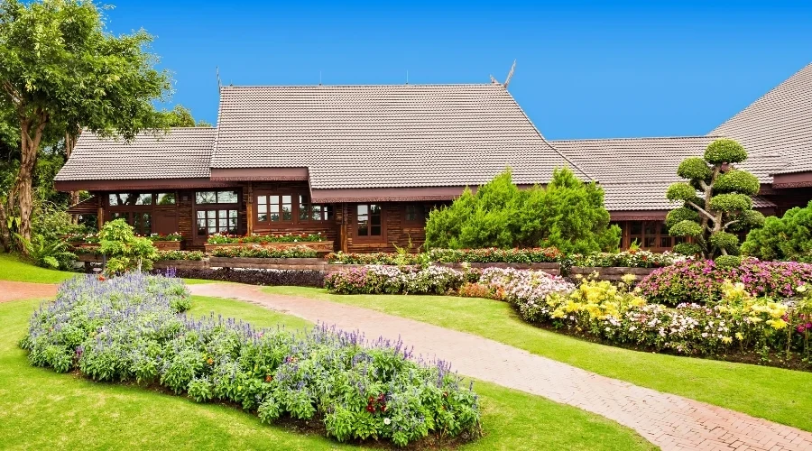 Home grounds with maintained planting and flower beds
