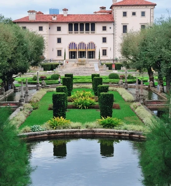 Formal home garden with shaped hedges