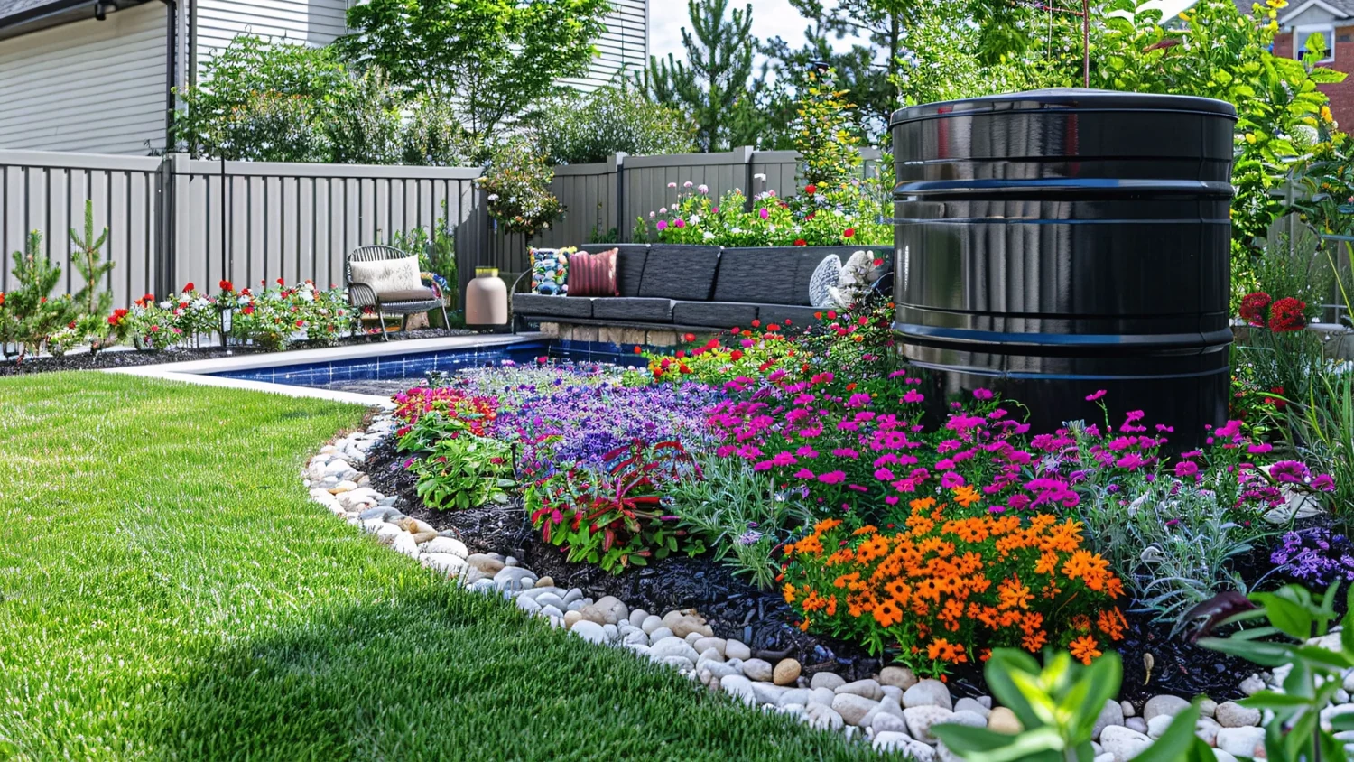 Backyard lawn and colourful flower borders