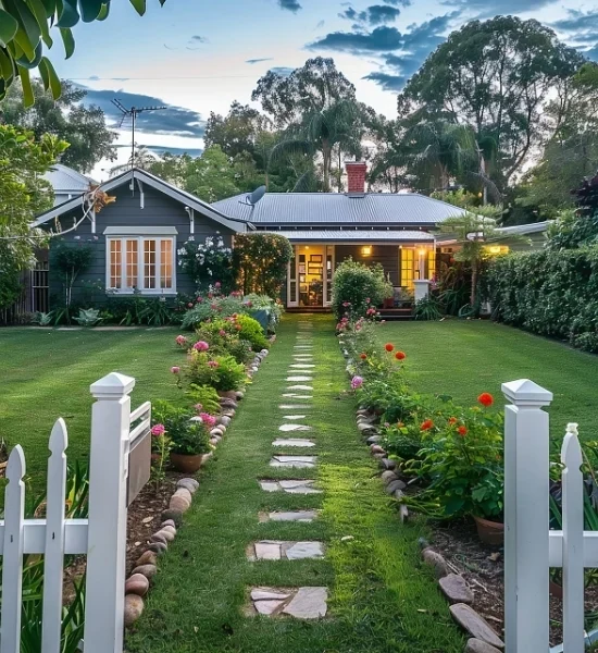 Garden path leading to a residential outdoor space