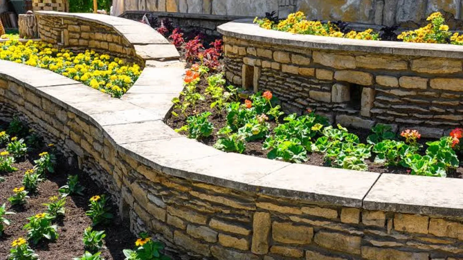 Natural stone wall bordering planted garden areas