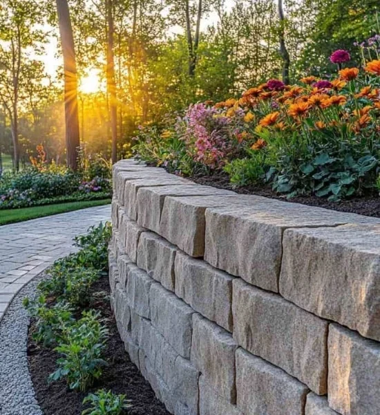 Stone retaining wall along a landscaped outdoor space